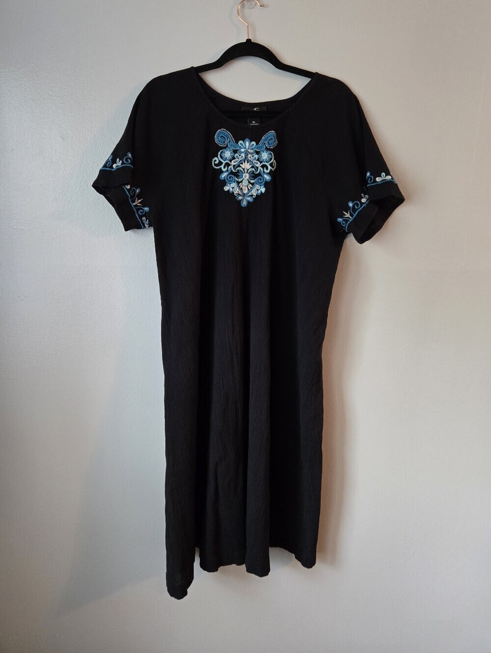 Patio Casuals Cabernet Black Cotton Gauze Embroidered Shift Dress Pocket XL